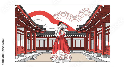 Elegant lady in traditional Korean hanbok dress holding a fan in a historical palace setting