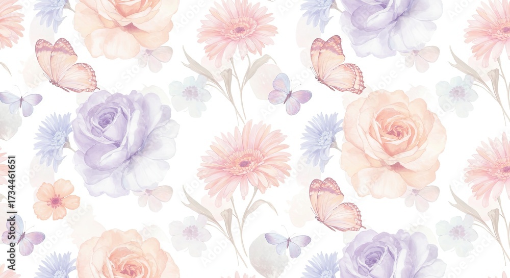 Fototapeta A seamless pattern of delicate cherry blossoms, with a Japanese brush stroke style 