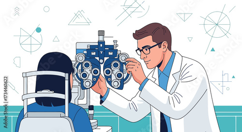 Eye examination professional optometrist performing eyesight checkup illustration