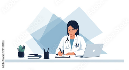 Female doctor taking notes in her office wearing a white coat and stethoscope portraying focus and