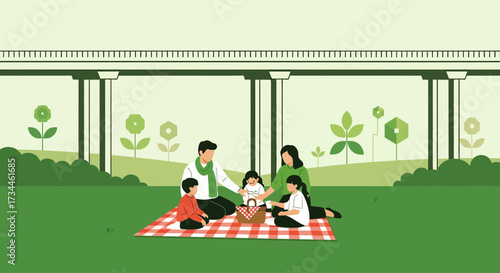 Family Enjoying a Picnic in the Park Underneath a Structure on a Summer Day Together