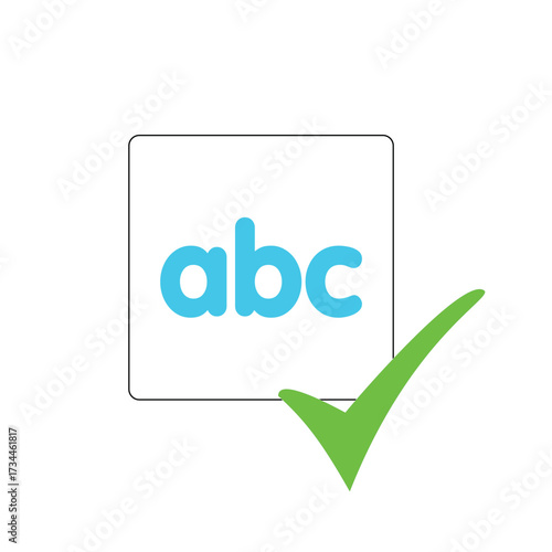 Fundamental learning concept depicted with light blue lowercase 'abc' letters inside a white square, paired with a green checkmark, symbolizing approved basic knowledge and educational success