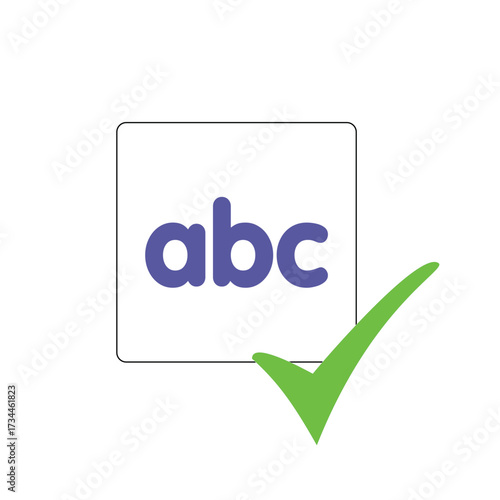 Fundamental learning concept depicted with blue lowercase 'abc' letters inside a white square, paired with a green checkmark, symbolizing approved basic knowledge and educational success