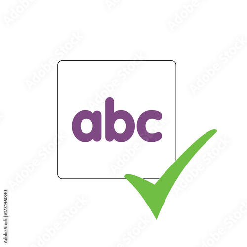 Fundamental learning concept depicted with purple lowercase 'abc' letters inside a white square, paired with a green checkmark, symbolizing approved basic knowledge and educational success