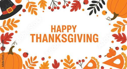 Whimsical autumn border with pumpkins, leaves, and pie celebrating Thanksgiving