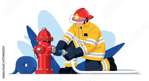 Firefighter connecting a fire hose to a red hydrant vector illustration emergency response and