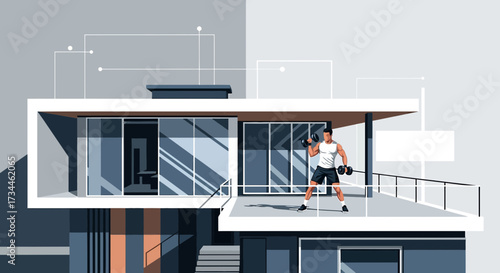 Fitness lifestyle concept with man exercising on modern house rooftop terrace dumbbells