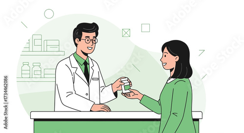Friendly pharmacist assisting customer with prescription medication in a pharmacy setting