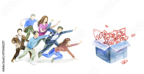 Tableau sur toile Watercolor illustration of chaotic people pushing and climbing over each other i