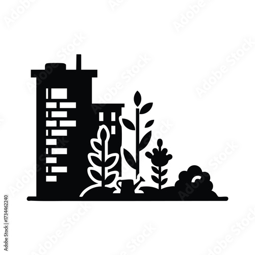 Urban environment with a tall building and various plants including trees and shrubs in a stylized silhouette design