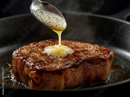 Butter-basted steak sizzling in cast-iron, foamy pan sauce spooned over, melting butter and steam, rich gourmet cooking closeup.