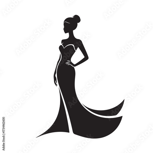 Silhouette of a woman in an elegant evening gown, isolated on white background technology background