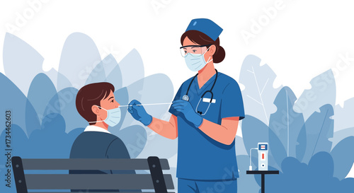 Healthcare professional administering a COVID-19 nasal swab test to a patient outdoors on a bench