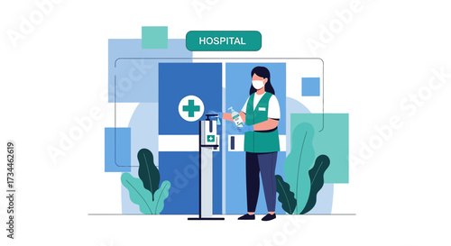 Healthcare worker disinfecting hands at hospital entrance for protection against virus