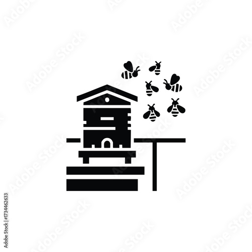 Simplified of a beehive with bees flying nearby, representing apiary, pollination, and honey production in a minimalistic style