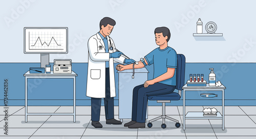 Illustration depicting a doctor drawing blood from a patient in a clinical setting for analysis