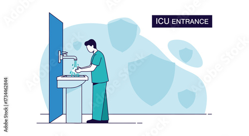Illustration depicting a healthcare worker washing hands before entering the ICU room for hygiene