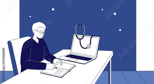 Illustration depicting a doctor working remotely with a stethoscope on a laptop  modern