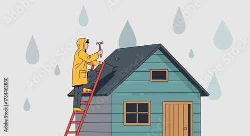 Illustration depicting a man in a raincoat repairing a roof in rainy weather adding curb appeal