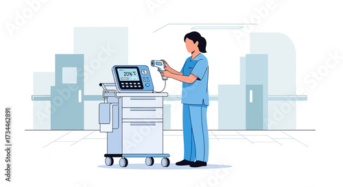 Illustration depicting a nurse using medical equipment in a hospital setting with medical device