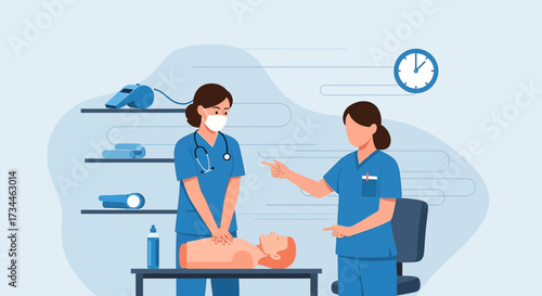 Illustration depicting medical training simulation with nurses performing CPR on a mannequin in a