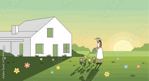 Illustration depicting a woman watering flowers in her garden with house background and sun