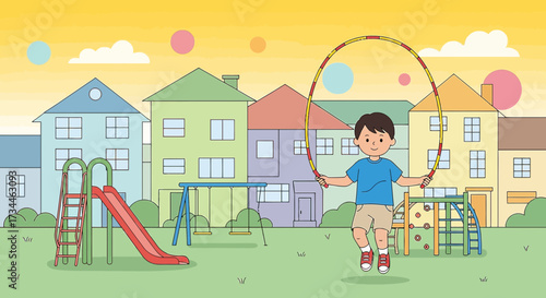 Illustration of a boy jumping rope in a playground surrounded by colorful houses