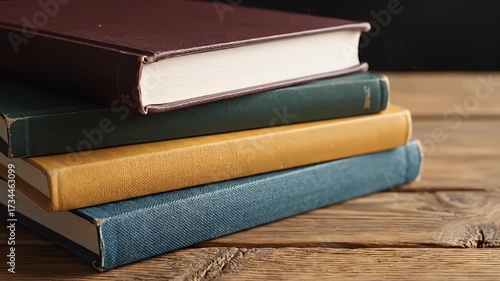 Stack of four hardcover books in different colors, arranged diagonally on a wooden surface, close-up