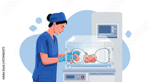 Illustration of a healthcare professional attending to a newborn in an incubator in a hospital
