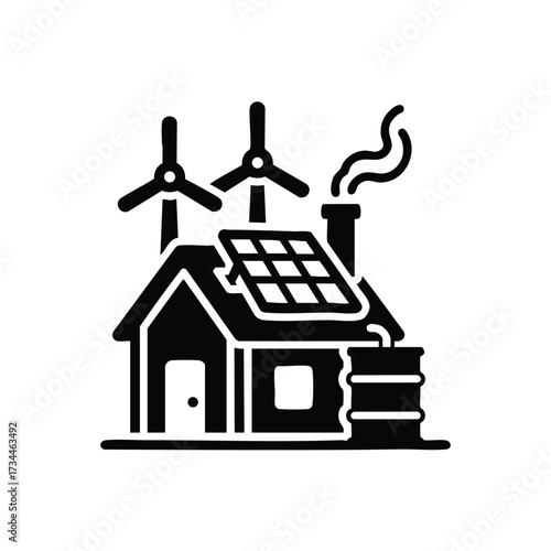 Eco-friendly house with solar panels, wind turbines, and smoke emissions representing renewable energy and sustainable living practices