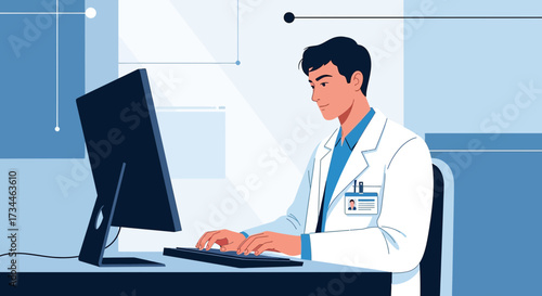 Illustration of a male doctor working on a computer in a modern office setting in clinic