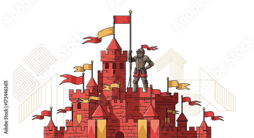 Illustration of a Knight Guarding a Red Castle with Flags and Architectural Details