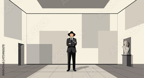 Illustration of a man in a suit standing in an art gallery with sculptures and paintings minimal