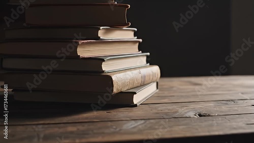 Stack of Old Books on a Rustic Wooden Table with Dark Background, Vintage Library Feel