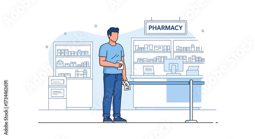 Illustration of a man at a pharmacy holding a prescription ready to purchase medicine