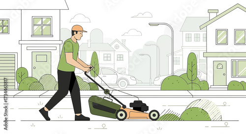 Illustration of a man mowing the lawn in a suburban neighborhood in minimalist style