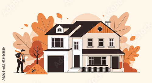 Illustration of a man raking leaves in front of a suburban house during autumn season