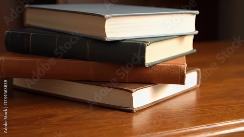 Stack of vintage hardback books on a polished wooden desk, representing knowledge and education