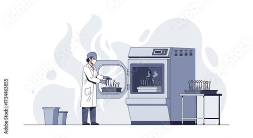Illustration of a medical professional sterilizing surgical instruments in an autoclave machine in