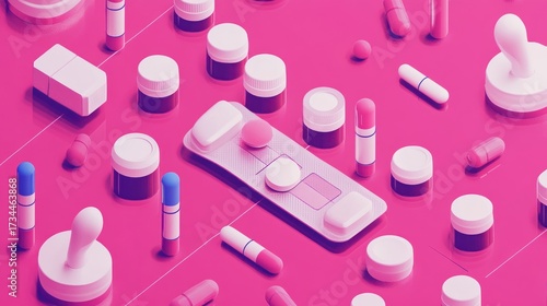 Pharmaceutical items arranged on a pink surface