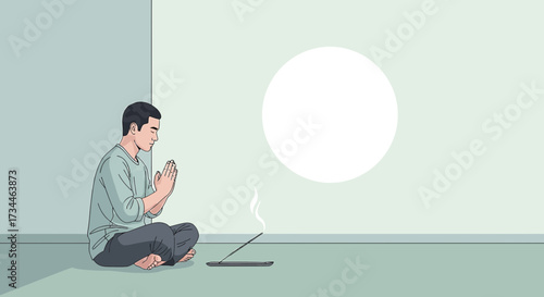 Illustration of a meditating man with hands in prayer near burning incense sticks indoors