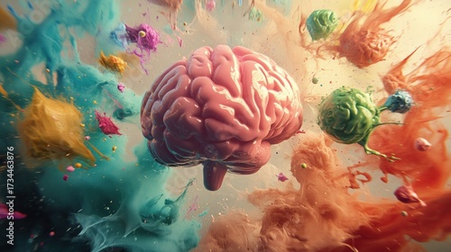 Pink brain in colorful ink explosion