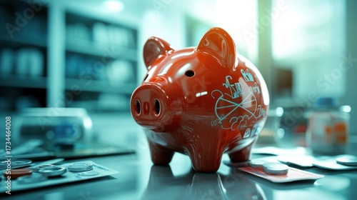 Piggy bank surrounded by medical supplies