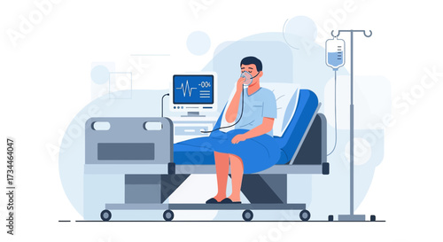 Illustration of a patient receiving oxygen therapy in a hospital bed with monitoring equipment