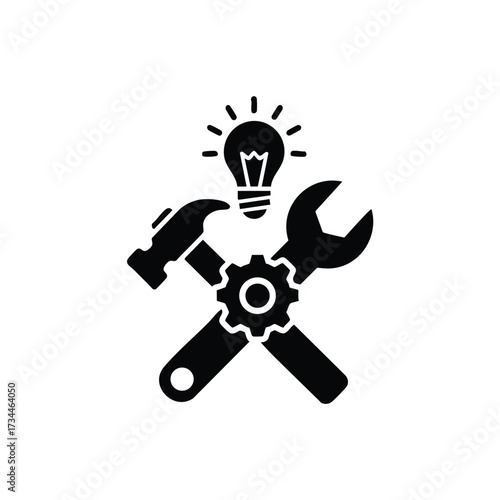 Creative concept representing innovation and problem-solving with tools and a lightbulb symbolizing ideas and solutions