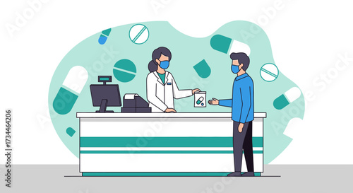 Illustration of a pharmacist serving a customer wearing masks amidst medicine themed background