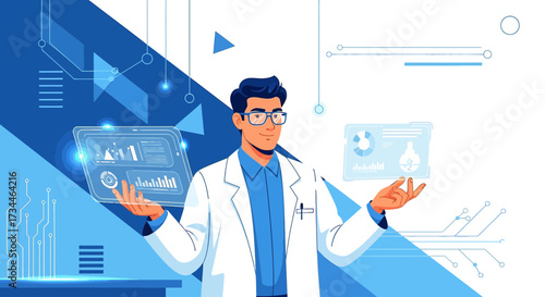 Illustration of a scientist analyzing data with digital interface innovation using modern technology