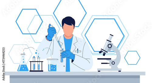 Illustration of a scientist in a lab coat performing experiments and research projects