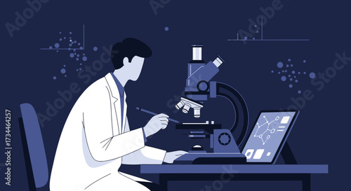 Illustration of a scientist using a microscope for research and analysis in a laboratory setting