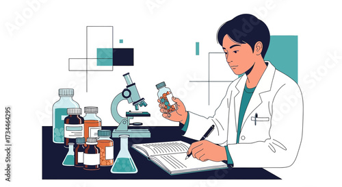 Illustration of a scientist working in a laboratory with scientific equipment and medications